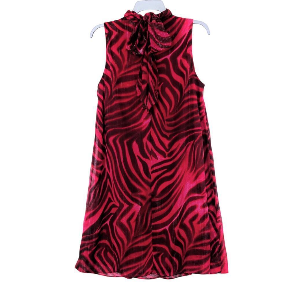 New London Times Women's Tiger Print Mock Neck Bowtie Swing Mini Dress - Picture 5 of 9